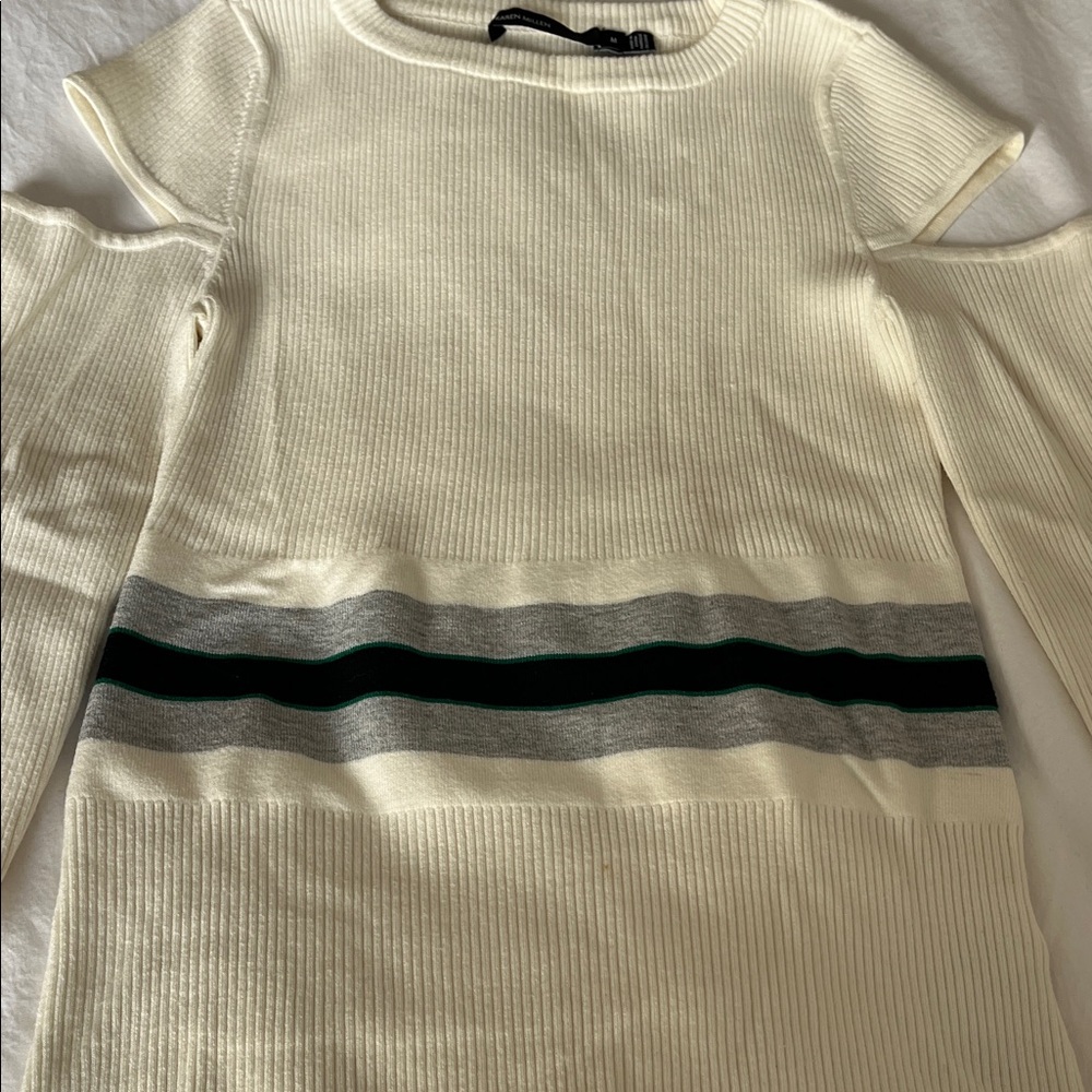 Karen Millen Cream Sweater with Striped Detail and cut outs at the shoulder